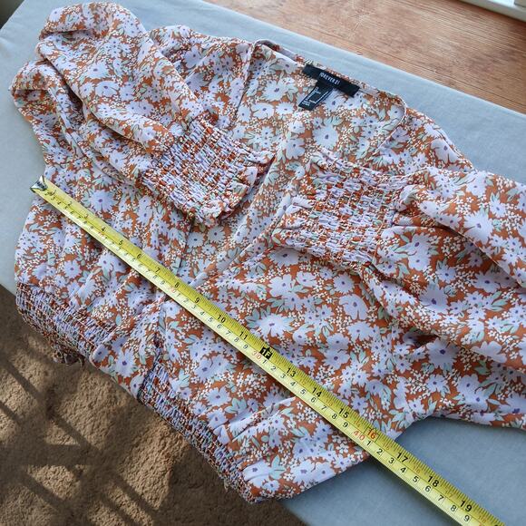 Forever 21 Sheer Floral Crop Top S orange purple festival smocked long sleeves - Picture 13 of 16